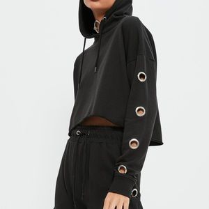 Black Eyelet Cropped Hoodie Sweatshirt